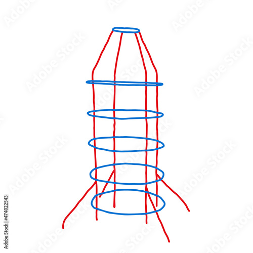 Beautiful hand-drawn red and blue vector illustration of a metal swedish wall rocket for children isolated on a white background