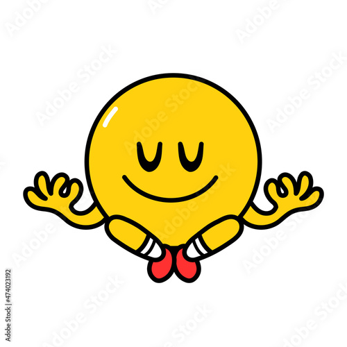 Cute funny emoji smile face meditate in yoga pose. Vector flat line doodle cartoon kawaii character illustration icon. Isolated on white background. Yellow emoji circle character concept
