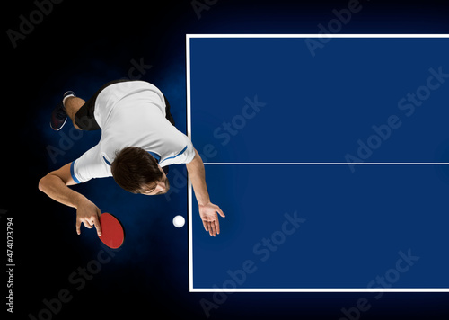 Obraz na płótnie Man playing ping pong. Top view. Copy space background