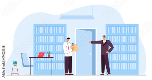 Angry businessman dismissing unhappy male office worker. Sad fired employee with box leaving job flat vector illustration. Unemployment, layoff concept for banner, website design or landing web page