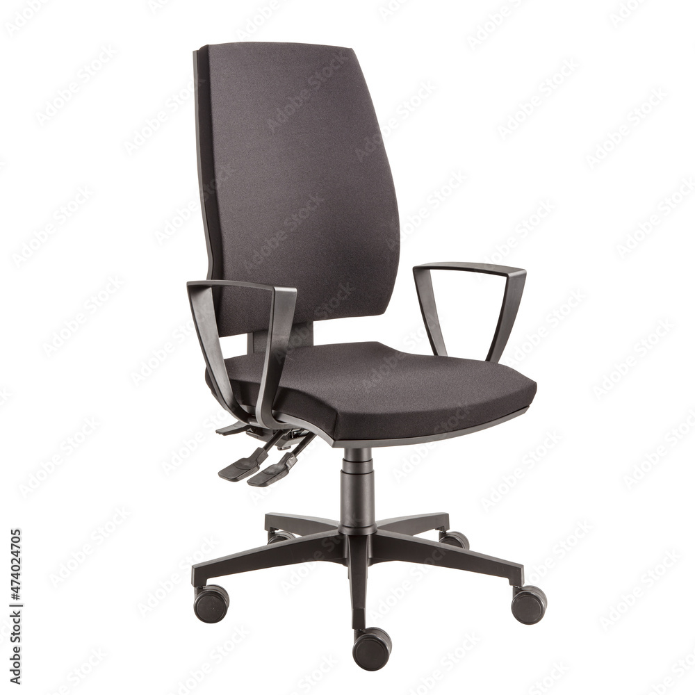 office chair with casters, in black fabric three quarter view isolated on white background