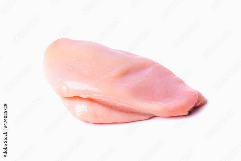 Chilled chicken fillet isolated on a white background, close up