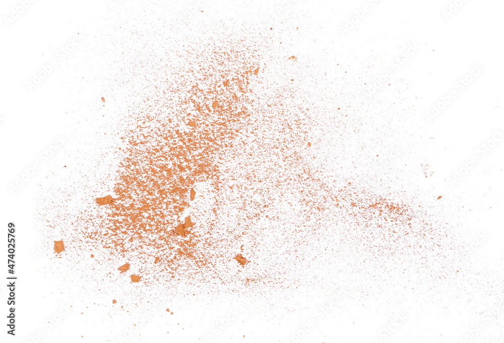 Red brick dust scattered, explosion isolated on white background, clipping path, top view