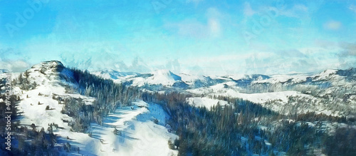 Panoramic view of the snow-capped mountains. Winter season. Artistic work