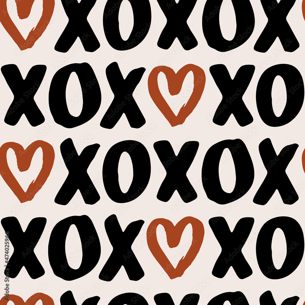 Hand drawn seamless vector pattern with xoxo lettering. Endless romantic background for Valentines Day, holidays and wedding design. Cute flat illustration. Love symbol. Boho female texture