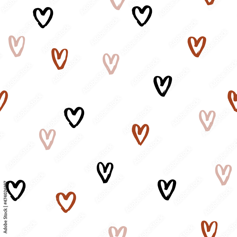 Brush hearts seamless pattern. Vector romantic background with hand drawn hearts for Valentines Day and holidays. Endless pattern in flat style. Vector illustration. Grunge background