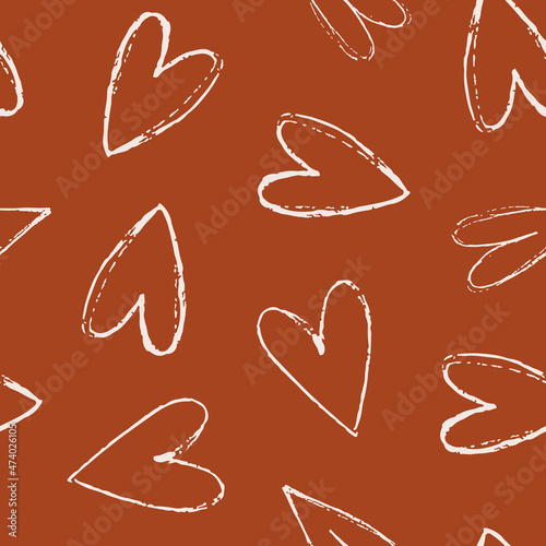 Brush hearts seamless pattern. Vector romantic background with hand drawn hearts for Valentines Day and holidays. Endless pattern in flat style. Vector illustration. Grunge background