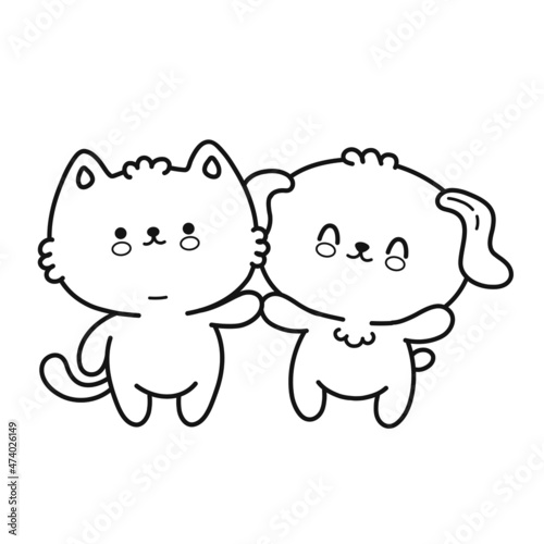 Cute funny little baby dog,cat page for coloring book. Vector doodle line cartoon kawaii character illustration icon. Isolated on white background. Dog,cat,pet,zoo mascot coloring book concept