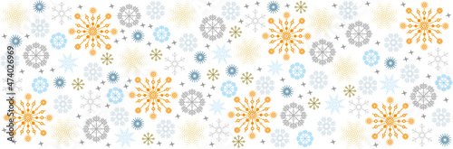 Illustration, viele verschiedene dekorative Schneeflocken in verschiedenen bunten Trendfarben, Farben, orange, blau. Banner