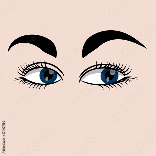 Vector hand-drawn woman's sexy luxurious eyes with perfectly shaped eyebrows and full lashes. Good for design business visit card, cartoon character. Perfect salon look.