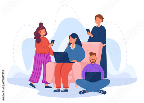 People using smartphone, tablet and laptop for chatting. Gadget and social media addicted group of male and female characters sitting together flat vector illustration. Internet addiction concept