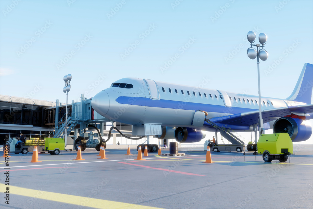 Three dimensional render of commercial airplane waiting at airport Three dimensional render of commercial airplane waiting at airport