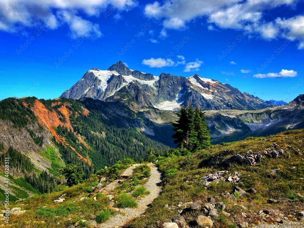 landscape of mount shuksan mountain with glaciers, snow, forest and blue sky