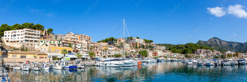 Port de Soller town on Mallorca marina with boats travel traveling holidays vacation panorama in Spain