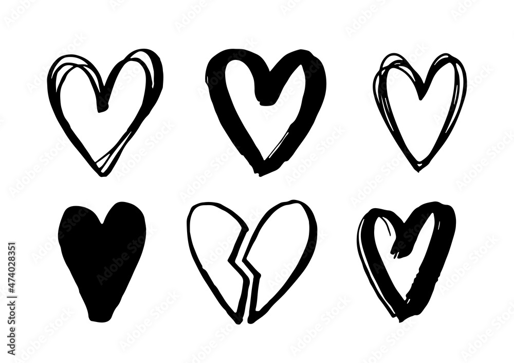 Hand drawn hearts isolated on white background. Grunge love symbol for Valentines Day, wedding design and holidays. Brush heart. Festive vector illustration Hand drawn hearts isolated on white background. Grunge love symbol for Valentines Day, wedding design and holidays. Brush heart. Festive vector illustration