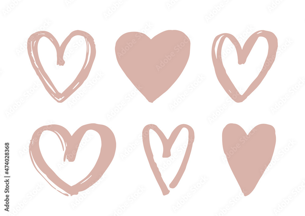 Brush heart icons. Hand drawn love symbol isolated on white background. Romantic elements for Valentines Day, wedding design and holidays. Boho grunge heart shape. Vector illustration