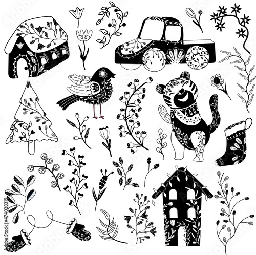 Cozy Black and white Christmas collection, Folk Tiger, bird, berries, Tree, Christmas Truck, Christmas Houses, tree branches. Winter greeting card. Vector icons