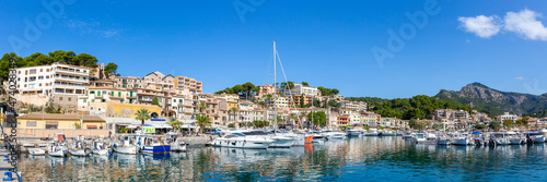 Port de Soller town on Mallorca marina with boats travel traveling holidays vacation panorama in Spain