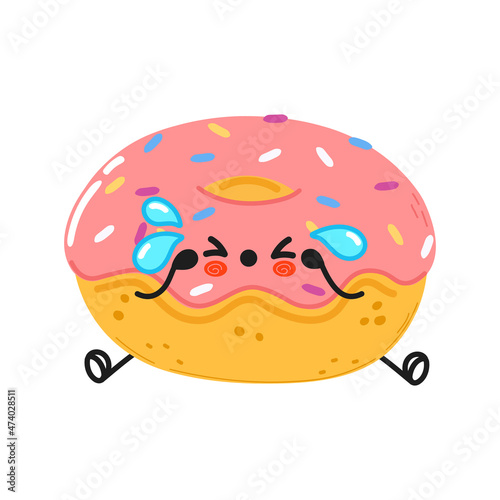 Cute sad and crying Donut character. Vector hand drawn cartoon kawaii character illustration icon. Isolated on white background. Donut character concept