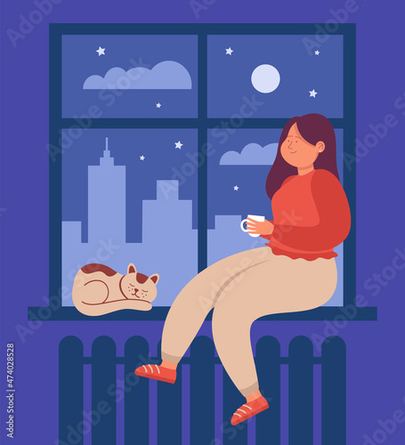 Woman sitting by window, enjoying night city view with buildings. Lonely girl drinking hot coffee or tea, cat lying on windowsill of bedroom flat vector illustration. Time of thinking, dreams concept