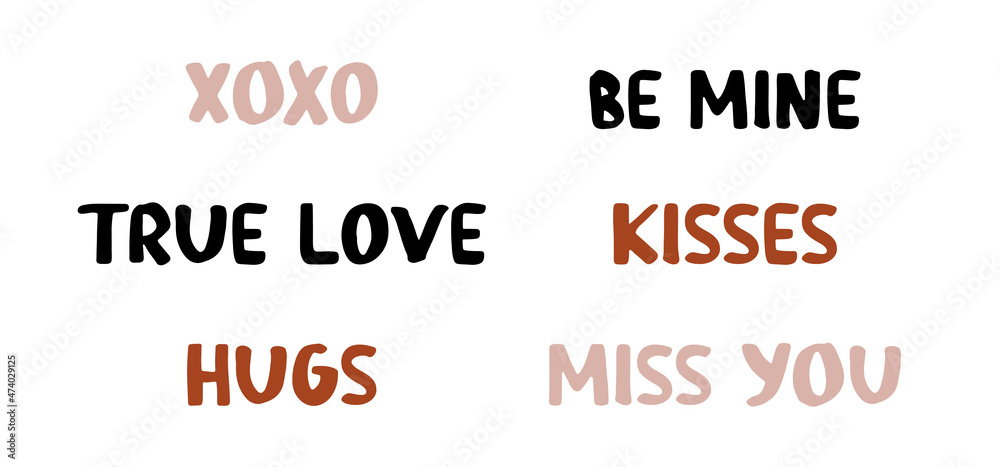 Fototapeta premium Valentines romantic quotes isolated on white background. Hand drawn lovely lettering: miss you, love you, hugs, call me, so sweet, marry me. Hand drawn message icons. Festive vector phrases