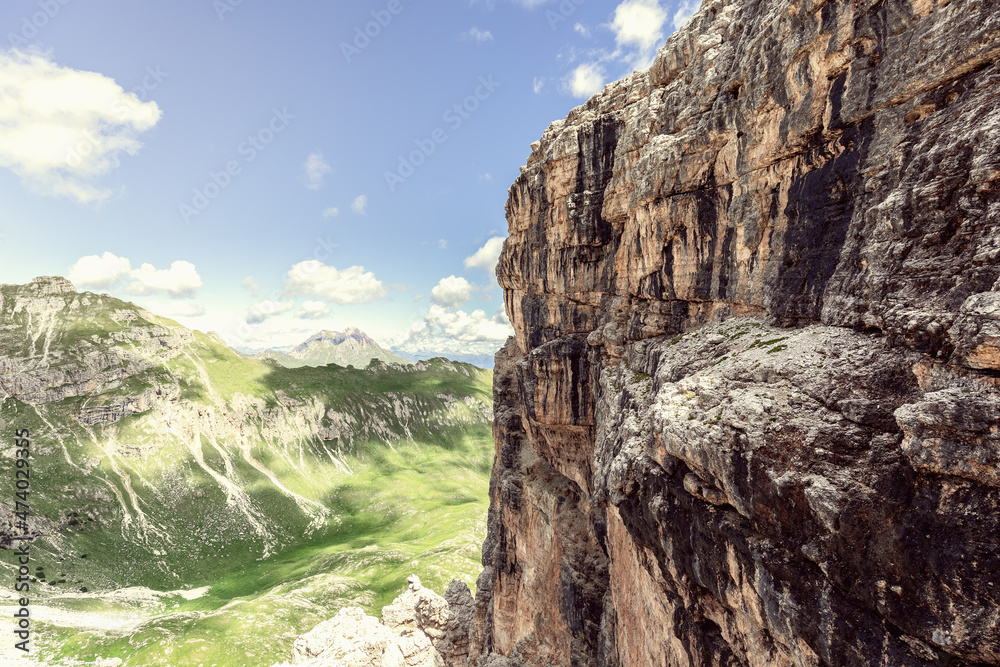 Dolomite rock and a beautiful view of the highlands in Natural park Puez Odle