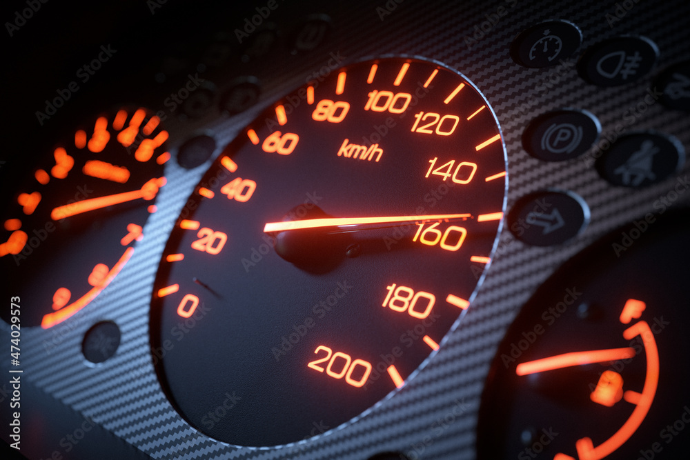 Fototapeta premium Car dashboard with orange backlighting close up 3D