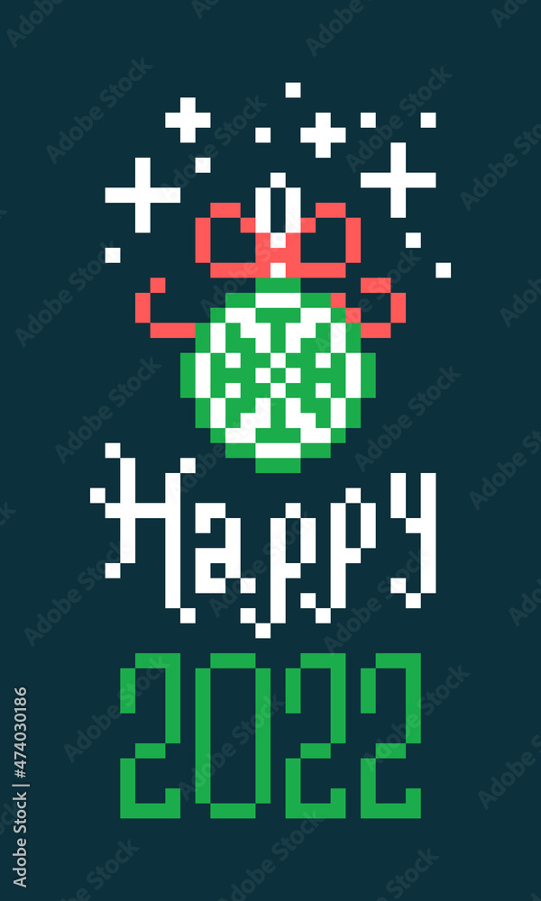 Pixel art 2022 Happy New Year banner, Christmas decoration on dark green background. 8 bit holiday card. Old school vintage retro 80s, 90s 2d computer, video game graphics. Slot machine design element Pixel art 2022 Happy New Year banner, Christmas decoration on dark green background. 8 bit holiday card. Old school vintage retro 80s, 90s 2d computer, video game graphics. Slot machine design element