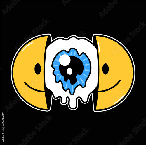 Two half of smile face with melt eye inside. Vector hand drawn doodle 90s style cartoon character illustration. Trippy smile face, melt eye psychedelic concept