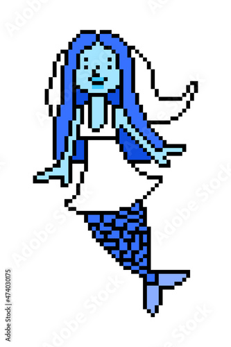 Pixel art mermaid bride on a wedding day, girl character isolated on white. Fiancee in a dress and veil. Magic fairytale water nymph getting married. 8 bit vintage retro 2d game, slot machine graphics