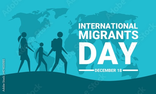 Vector illustration, silhouette of migrant family walking on world map background, as international migrant day banner or poster.