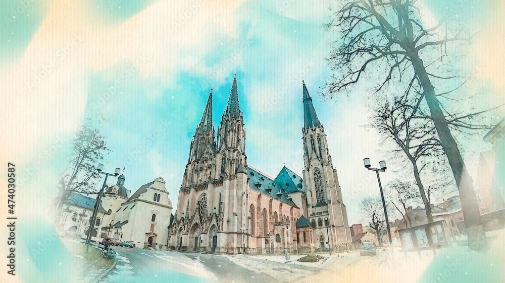 Gothic Church in Olomouc watercolor pattern colorful illustration