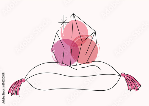 Vector bright lineart sketch rose pink quartz crystal on a pillow. Pixiecore and fairycore