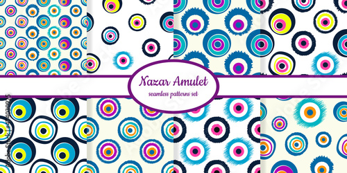 Collection of seamless patterns with Nazar amulet symbols designed for web, fabric, paper and all prints 