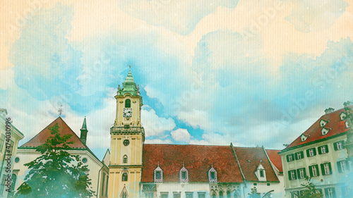 Canvas Print Watercolor pattern of town hall in Bratislava colorful illustration