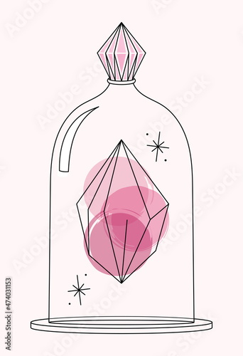 Vector bright lineart sketch rose pink quartz crystal in a glass dome. Pixiecore and fairycore