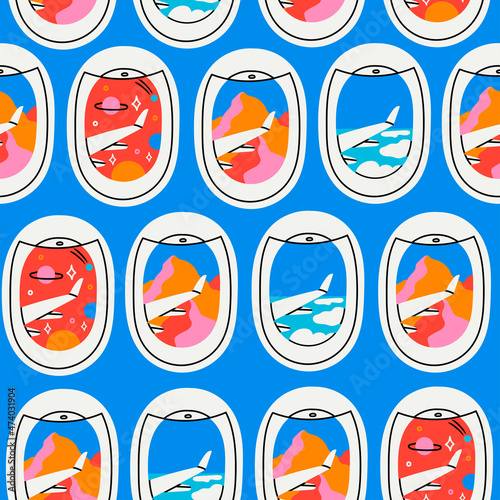 View through the portholes of aircraft. Various skyscapes through portholes. Mountain, space, planets, clouds and wings. Hand drawn Vector seamless Pattern. Background, wallpaper