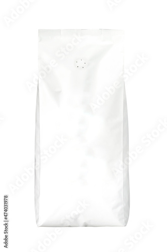 Foil paper bag of food bags of coffee, salt, sugar, pepper, spices or flour, folded, shades of gray. On a white background isolated. Mock up template for your design.
