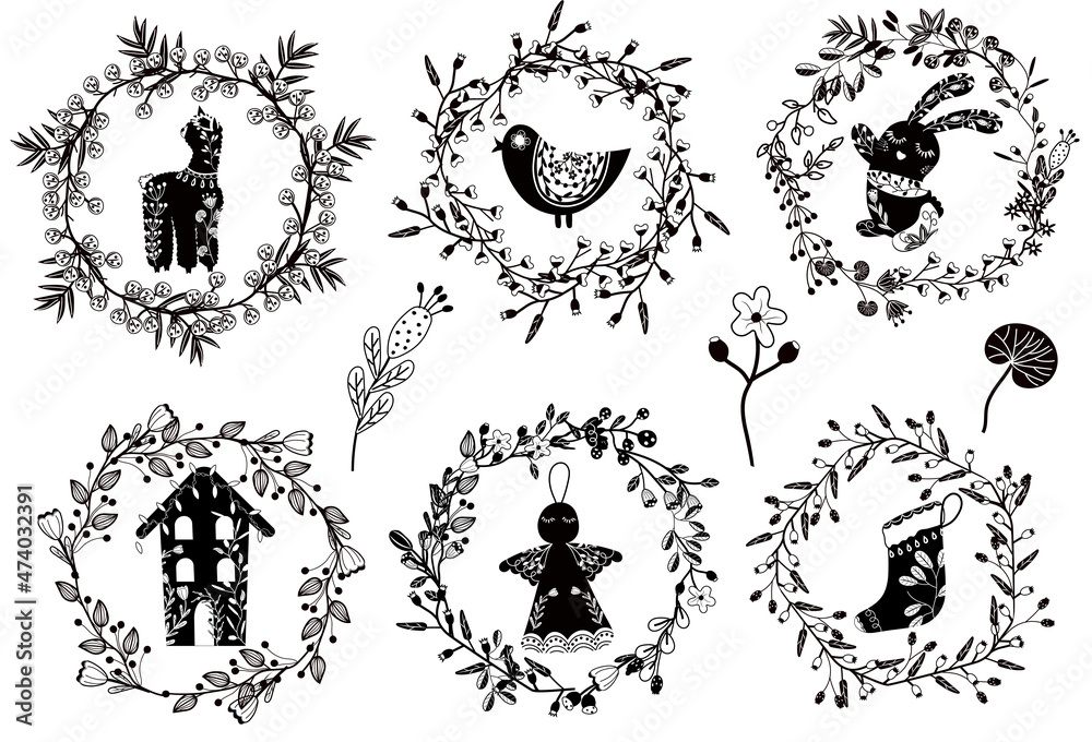 Black and white Christmas wreath of flowers and leaves. Botanical wildflowers wreath with lamas, bird, rabbit, Angel, Houses. Cozy Christmas card in Scandinavian style. Winter decoration. Vector icon.
