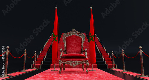 Fotografi Red royal chair on a red carpet background with barrieres, Red royal chair on a