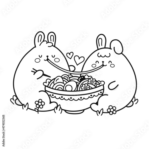 Cute happy funny rabbits couple eat ramen from bowl. Vector doodle coloring cartoon kawaii character illustration icon design.Bunny couple in love page for coloring book. Isolated on white background