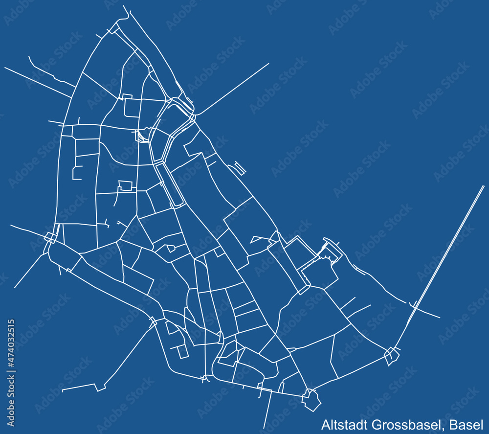 Detailed technical drawing navigation urban street roads map on blue background of the quarter Altstadt Grossbasel District of the Swiss regional capital city of Basel, Switzerland