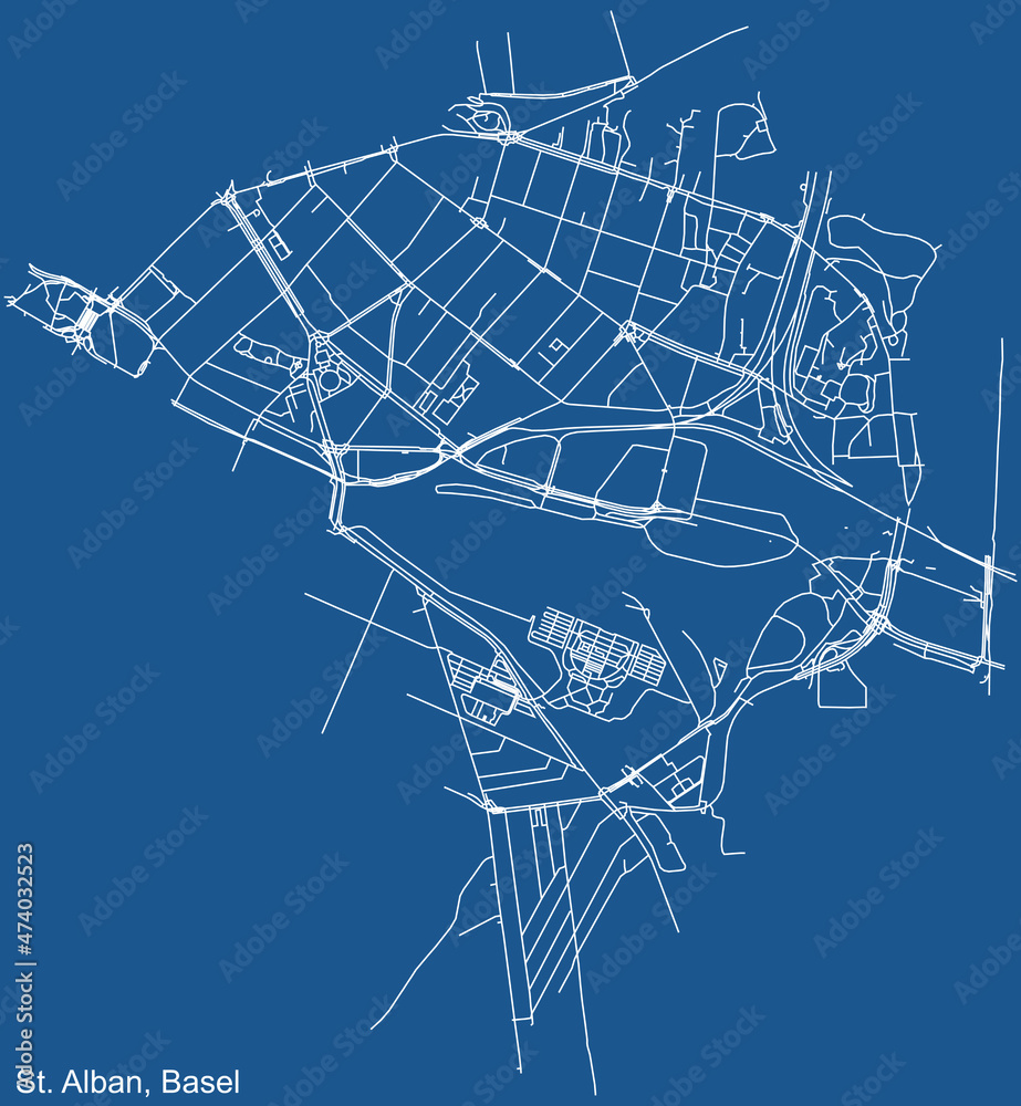 Detailed technical drawing navigation urban street roads map on blue background of the quarter St. Alban District of the Swiss regional capital city of Basel, Switzerland