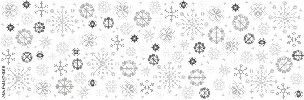 Illustration, viele verschiedene dekorative Schneeflocken in verschiedenen grau Farben, Graustufen. Banner