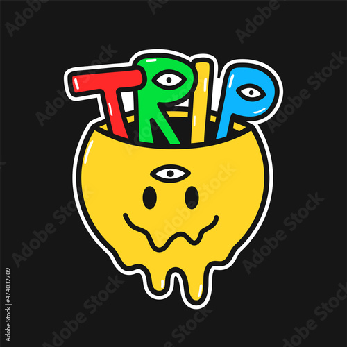 Funny melt smile face with trip word inside. Vector hand drawn doodle 90s style cartoon character illustration logo. Trippy smile face,lsd,acid,trip print for t-shirt,card,sticker,patch,poster concept