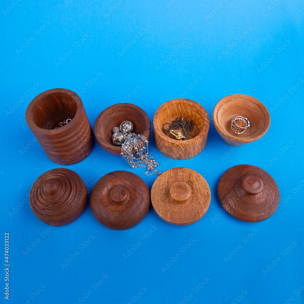 wooden jewelery box set with blue background