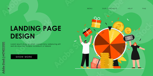 Lucky people winning prize draw standing near fortune wheel. Cartoon vector illustration. Happy winners with gift boxes, balls and jackpot on giant raffle drum. Lottery, prize, luck, marketing concept