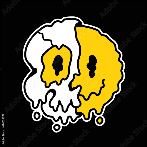Half of skull with melt smile face inside. Vector hand drawn line doodle 70s style cartoon character illustration. Trippy half skull, psychedelic,smile emoji face print for t-shirt,poster,card concept
