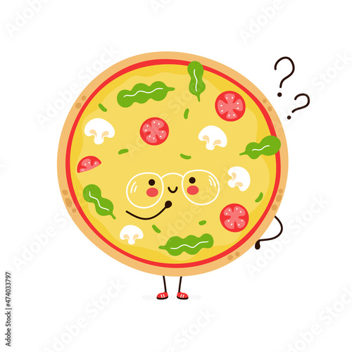 Cute funny pizza in glasses character with question mark. Vector hand drawn cartoon kawaii character illustration icon. Isolated on white background. Pizza character concept
