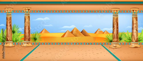 Egypt desert landscape, vector ancient Egyptian pharaoh temple background, old stone column ornament. Pyramid monument tomb nature view, sand dune, palm leaf. Egypt panoramic game landscape, blue sky